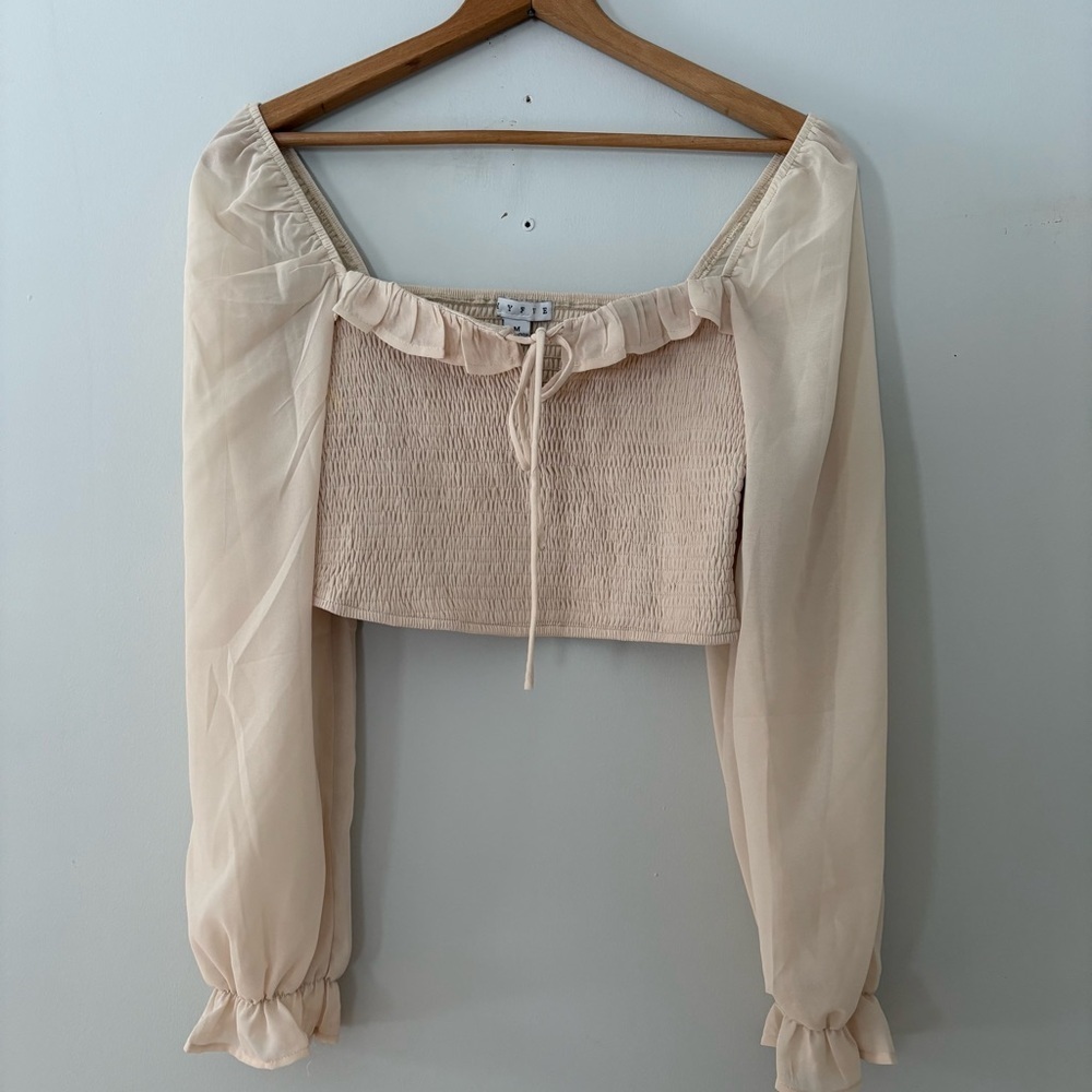 HYFVE Off Shoulder Smocked Crop Top Sheer Sleeves Peasant Blouse Beige Size M